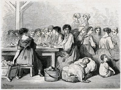 Cigarreras de Sevilla. Fabricación de cigarros, trabajadores, tabaco. Dibujo de Gustave Doré ilustrando el “Viaje a España” de Charles Davillier de Gustave Dore