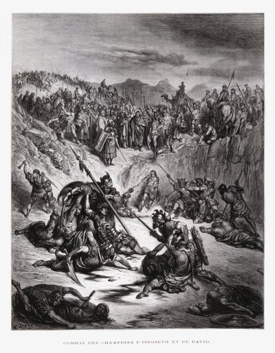 Soldados de combate de Is-boset y David, ilustración de la Biblia de Dore de Gustave Dore