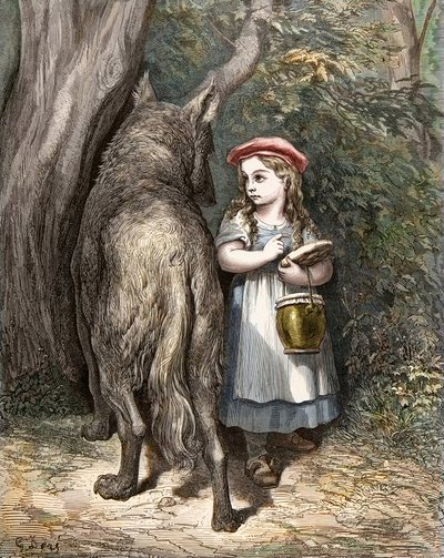 Cruzando el bosque, Caperucita Roja se encuentra con el lobo. Grabado de Gustave Doré (1832-1883) de “Los cuentos” de Charles Perrault (1628-1703) de Gustave Dore