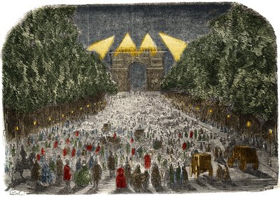 Multitud admirando la iluminación eléctrica del Arco de Triunfo y los Campos Elíseos en París el 26 y 27 de octubre. de Gustave Dore