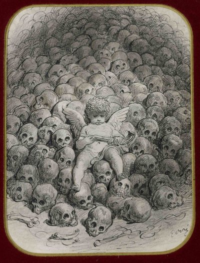 Cupido armado con una pistola sentado sobre una montaña de calaveras de Gustave Dore