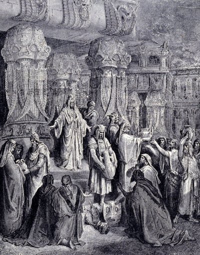 Ciro II el Grande (580 a.C. - 530 a.C.) liberó a los pueblos cautivos a su llegada a Babilonia en 539 a.C. y devolvió al pueblo judío los vasos sagrados que habían sido tomados como botín en el templo de Jerusalén. Grabado de Gustave Doré. de Gustave Dore