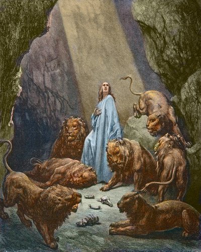 Daniel en el foso de los leones - grabado por Gustave Doré - coloreado posterior de Gustave Dore