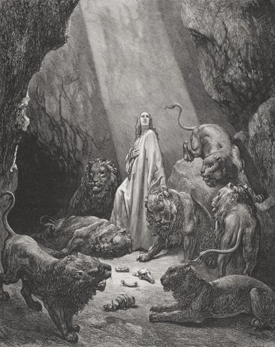Daniel en el foso de los leones, Daniel 6:16-17, ilustración de 