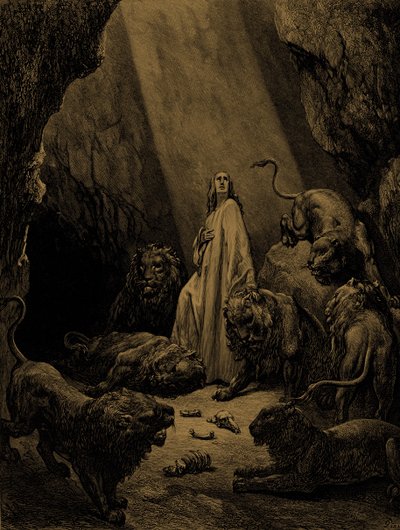 Daniel en el foso de los leones, por Doré. - Biblia de Gustave Dore