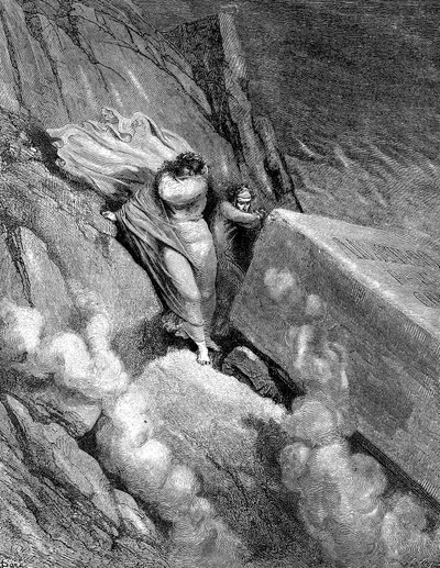 Dante y Virgilio al borde del abismo del que emanaba un olor fétido, 1863 de Gustave Dore