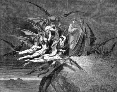Dante y Virgilio acosados por demonios a su paso por el octavo círculo. Ilustración (1861) de Gustave Dore para Dante Inferno, Canto XXI. Grabado en madera de Gustave Dore