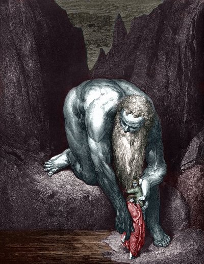 Dante y Virgilio se encuentran con el gigante Anthee, ilustrado por Gustave Dore de Gustave Dore