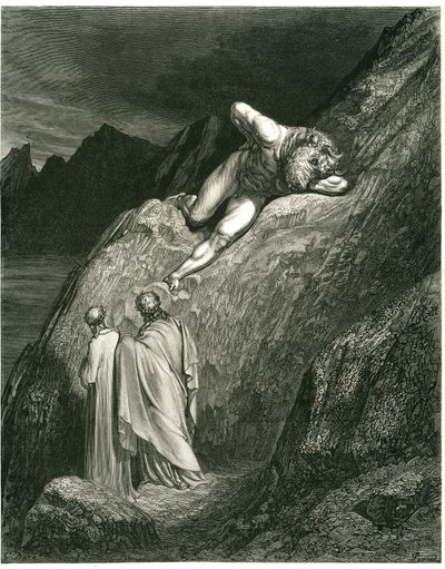 Dante y Virgilio se encuentran con el Minotauro. Grabado de El Infierno de Dante Alighieri (la Divina Comedia) ilustrado por Gustave Dore. Edición francesa de 1861. "E in su la punta della rotta lacca/L