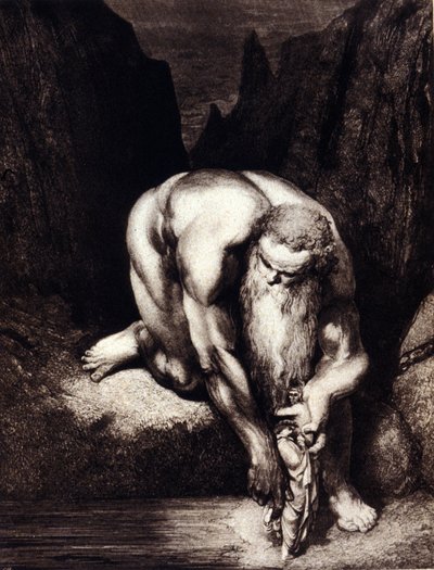 Dante y Virgilio se encuentran con el gigante Anteo. Ilustración para la Divina Comedia de Dante Alighieri por Gustave Doré. de Gustave Dore