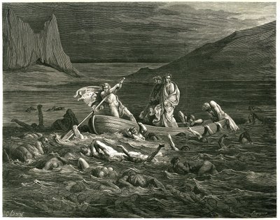 Dante y Virgilio navegan, guiados por el Nocher Phlegyas, por la Estigia en la que vadean las presas, que intentan subir a la barca. Grabado de El Infierno de Dante Alighieri (la Divina Comedia) ilustrado por Gustave Dore. Edición francesa de 1861. "Segand de Gustave Dore