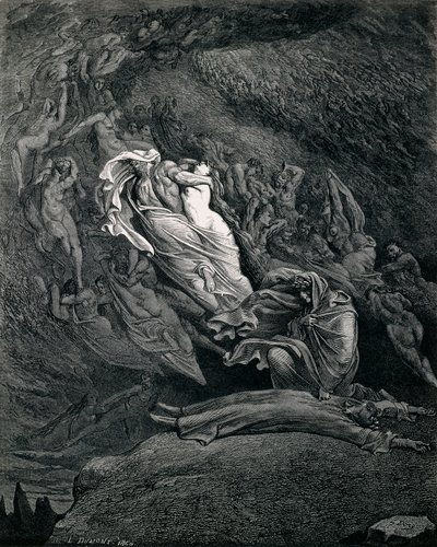 Dante y Virgilio con Paolo y Francesca, Ilustración del Infierno, Canto V de La Divina Comedia, de Dante Alighieri (1265-1321), por Gustave Doré (1832-1883) de Gustave Dore