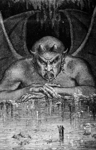 Dante y Virgilio atraviesan el infierno en La Divina Comedia de Dante Alighieri: Satanás devora a los condenados. Grabado por Gustave Doré. Siglo XIX. de Gustave Dore