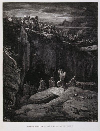 David ofrece su espada en señal de lealtad a Saúl, rey de Israel, Ilustración de la Biblia de Dore de Gustave Dore