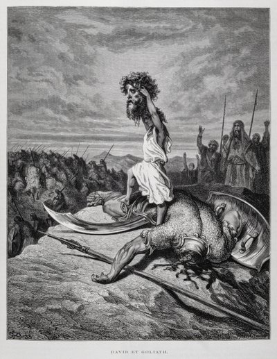David mata a Goliat, Ilustración de la Biblia de Dore de Gustave Dore