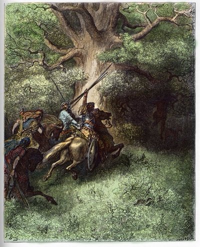 Muerte de Absalón (Avshalom) - La muerte de Absalón (o Avshalom, Absalon). Después de la derrota contra las tropas de su padre, Absalón quedó suspendido por las ramas de un árbol huyendo del campo de batalla - grabado en “La Biblia ilustrada” por Gustave D de Gustave Dore