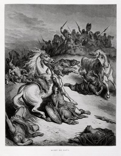 Muerte del rey Saúl de Israel, ilustración de la Biblia de Dore de Gustave Dore