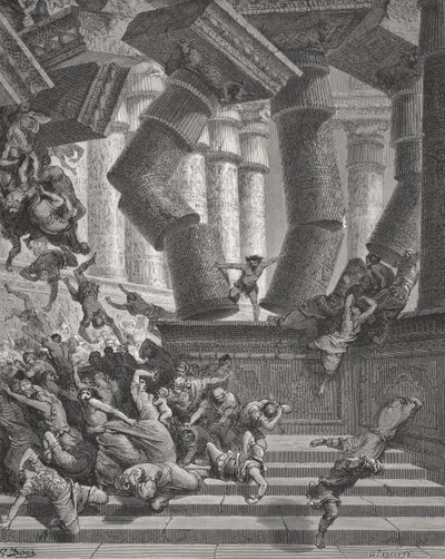 La muerte de Sansón, Jueces 26:28-30, ilustración de 