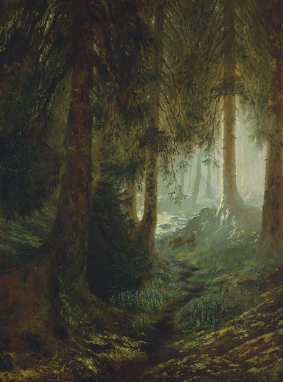 Ciervos en un paisaje forestal de Gustave Dore