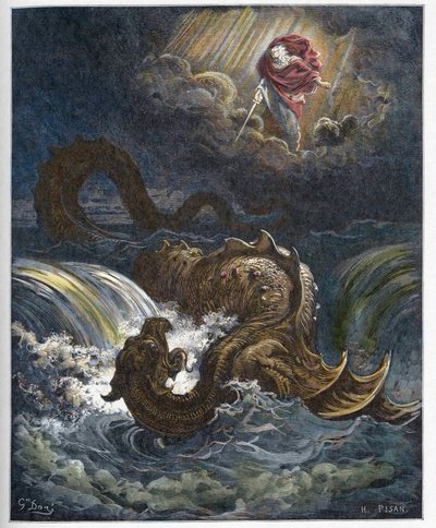 Destrucción de Leviatán - La destrucción del Leviatán, el monstruo marino del Antiguo Testamento - grabado en “La Biblia ilustrada” por Gustave Doré (1832-1883) - Grabado de “La Biblia de Doré” de Gustave Dore