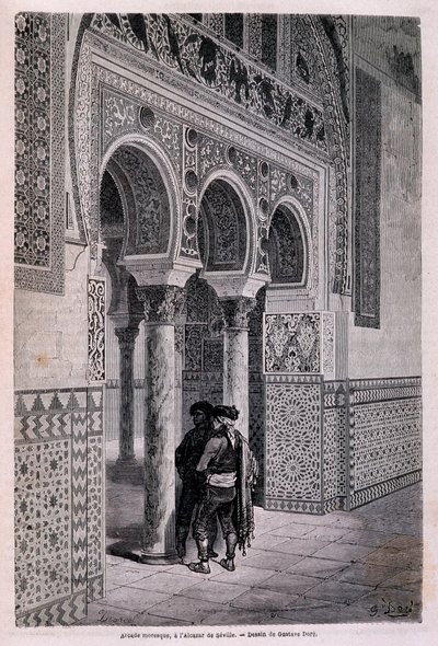 (detalle) de la Arcada del Alcázar en Sevilla - por Doré, en "Tour du Monde", 2º semestre de 1866 de Gustave Dore