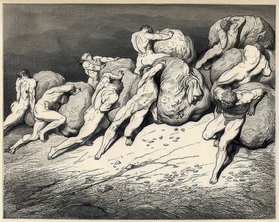 Las almas de los derrochadores y avaros. Ilustración de la Divina Comedia de Dante Alighieri de Gustave Dore