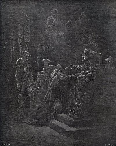 Don Quijote, Montesinos y Durandarte, en la cueva de Montesinos - de “Don Quijote de la Mancha” por Miguel Cervantes (1547-1616) (Don Quijote) - xilografía después de un dibujo de Gustave Doré de Gustave Dore