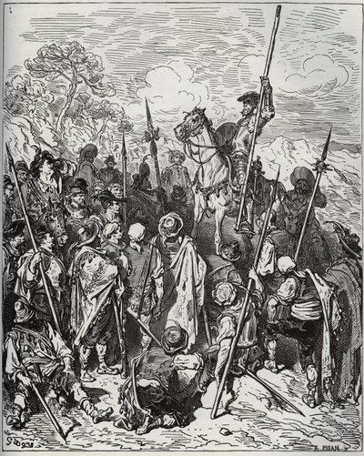 Don Quijote y Sancho con el escuadrón de los aldeanos rebuznadores - de “Don Quijote de la Mancha” de Miguel Cervantes (1547-1616) - xilografía según dibujo de Gustave Doré de Gustave Dore