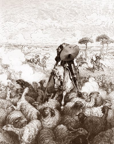 Don Quijote ataca al rebaño de ovejas Grabado de Gustave Dore (1832-1883) para "El Ingenioso Hidalgo Don Quijote de la Mancha" de Miguel de Cervantes (1547-1616) 1863 Colección particular de Gustave Dore