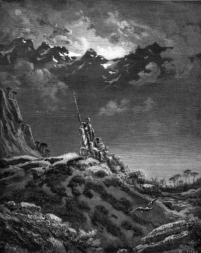 Don Quijote saliendo a la aventura. Grabado de Gustave Dore que ilustra la edición Hachette de 1869 del libro "L