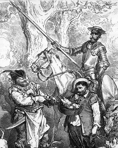 Don Quijote (Quixote o Qijote), lanza a mano y cabalga sobre su caballo Rossinant está dispuesto a lanzarse a la aventura. Su fidele squiyer, el gastrónomo Sancho Panza (Panca), duda ante un buen plato de carne. Detalle de un grabado de Gustave Dore que il de Gustave Dore