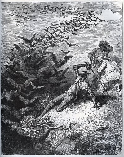 Don Quijote en la cueva de Montesinos - Un número infinito de cuervos y grajos salen de la cueva de Montesinos, derribando a Don Quijote (II, 22) - de “Don Quijote de la Mancha” de Miguel Cervantes (Don Quijote) - xilografía después de un dibujo de Gustave Dore