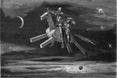 Don Quijote y Sancho Panca (Panza) en el cielo, entre la luna y las estrellas, montados en el caballo de madera Clavilegne. Grabado de Gustave Dore que ilustra la edición Hachette de 1869 del libro "L
