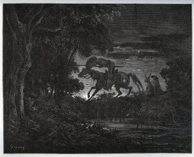 Don Quijote y Sancho Panza al comienzo de la aventura en un bosque espeso y desconocido - de “Don Quijote de la Mancha” por Miguel de Cervantes (1547-1616) - Grabado en madera después de un dibujo de Gustave Doré de Gustave Dore