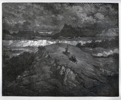Don Quijote y Sancho Panza continúan sus aventuras en una región montañosa, Sierra Morena - de “Don Quijote de la Mancha” de Miguel Cervantes (1547-1616) - xilografía después del dibujo de Gustave Doré de Gustave Dore