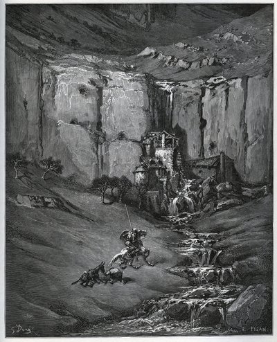 Don Quijote y Sancho Panza descubren lo que causó su preocupación, una cascada y un molino de batán - de 