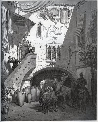 Don Quijote y Sancho Panza, invitados por Don Diego de Miranda en su casa, son recibidos por la esposa y el hijo del caballero - de “Don Quijote de la Mancha” de Miguel Cervantes (1547-1616) - xilografía después del dibujo de Gustave Doré de Gustave Dore