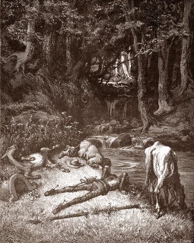 Don Quijote y Sancho Panza se refrescan en un arroyo Grabado de Gustave Dore (1832-1883) para "L