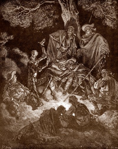 Don Quijote y Sancho Panza con los cabreros Grabado de Gustave Dore (1832-1883) para "L