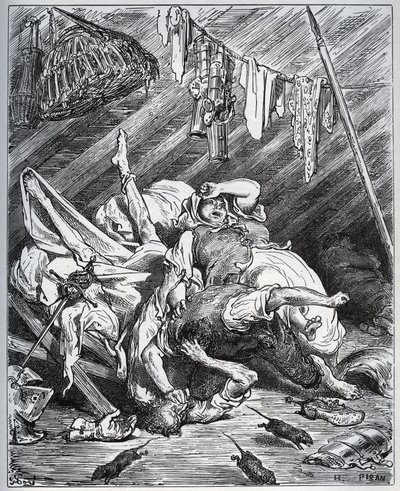 Don Quijote y un fabricante de mulas peleando por Maritornes, la ama de llaves, a quien Don Quijote toma por su Dulcinea - de 