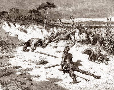 Don Quijote y sancho Panza después de la reyerta con los guardias y criminales Grabado de Gustave Dore (1832-1883) para "L