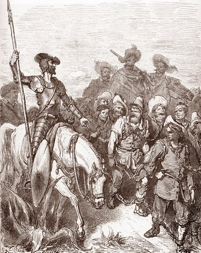 Don Quijote y Sancho Panza interrogan a los criminales que son conducidos a las galeras Grabado de Gustave Dore (1832-1883) para "L