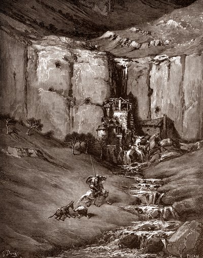 Don Quijote y sancho Panza ven una cascada y casuchas ruidosas (Don Quijote and sancho Panza see a waterfall and noisy hovels) Grabado de Gustave Dore (1832-1883) para "El Ingenioso Hidalgo Don Quijote de la Mancha (Quixotte - Quijote)" de Miguel de Cerva de Gustave Dore