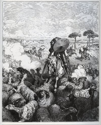 Don Quijote ataca un rebaño de ovejas, creyendo que se enfrentaba al ejército de Alifanfarón de Taprobana - de 