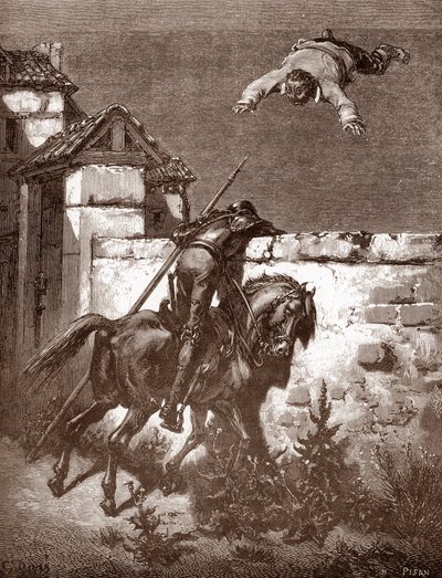 Don Quijote no logra detener a los lanzadores de Sancho Panca que le hacen rebotar en una manta (las protestas de Don Quijote no logran influir en los lanzadores) Grabado de Gustave Dore (1832-1883) para "L
