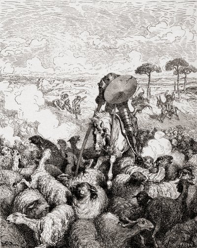 Don Quijote luchando contra el rebaño de ovejas, de Die Gartenlaube, pub. 1905 de Gustave Dore