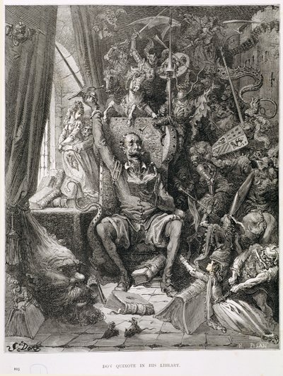 Don Quijote en su Biblioteca, grabado por Heliodore Joseph Pisan (1822-90) c.1868 de Gustave Dore