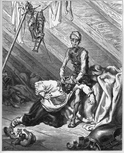 Don Quijote hace probar a Sancho Panza su preciado bálsamo para curarlos de todos los males - de "Don Quijote de la Mancha" de Miguel Cervantes de Gustave Dore
