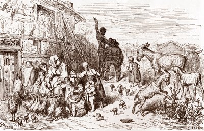 Don Quijote convence a su vecino Sancho Panza para que se convierta en su escudero Grabado de Gustave Dore (1832-1883) para "L
