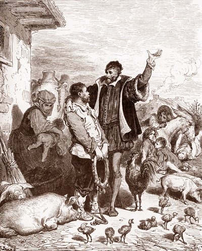 Don Quijote convence a su vecino Sancho Panza para que se convierta en su escudero prometiéndole hacerle gobernador de alguna ínsula conquistada Grabado de Gustave Dore (1832-1883) para "L